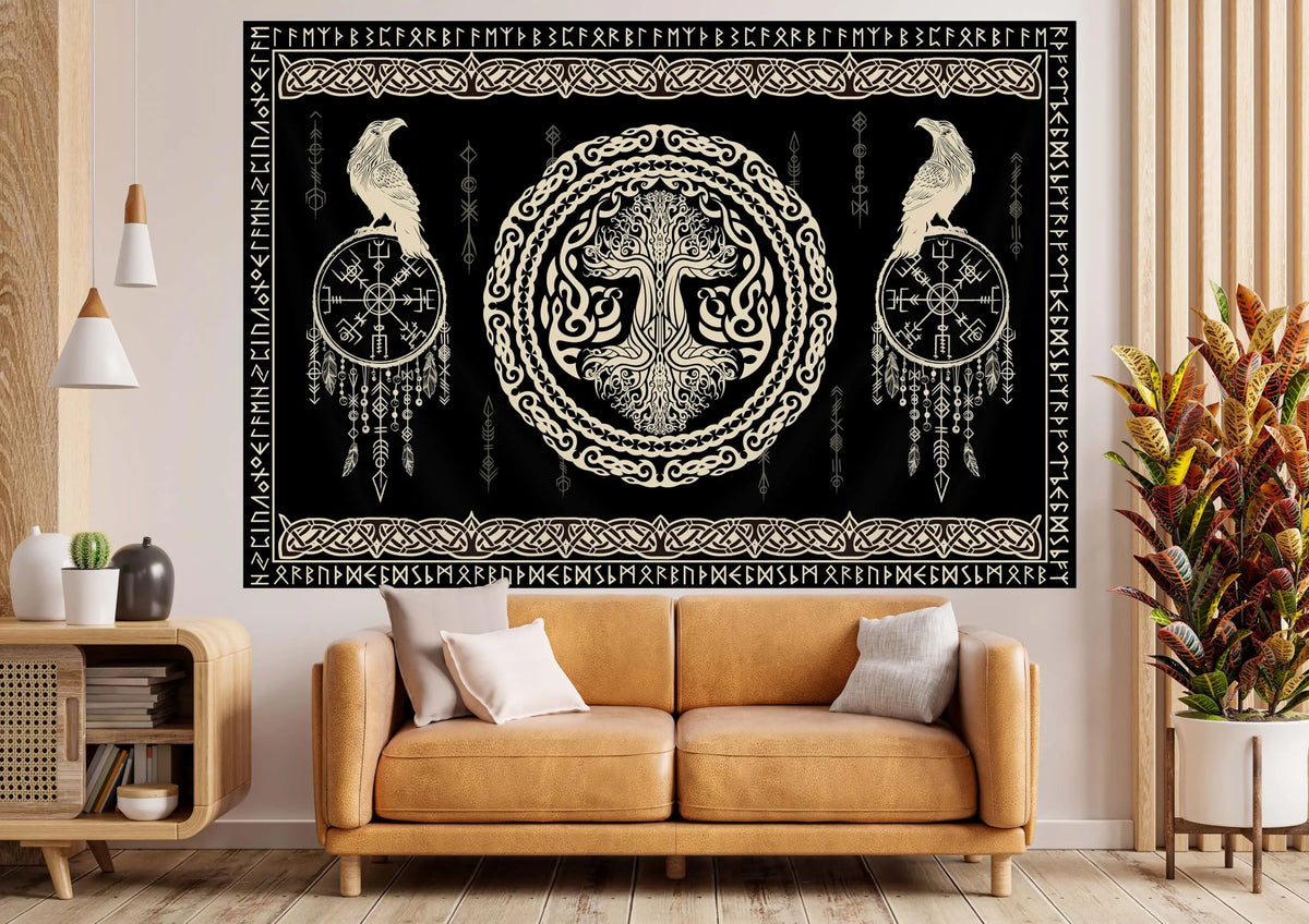 tapisserie art celtique motifs géométriques noirs blancs arbre vie runes oiseaux nordique salon