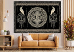 tapisserie art celtique motifs géométriques noirs blancs arbre vie runes oiseaux nordique salon