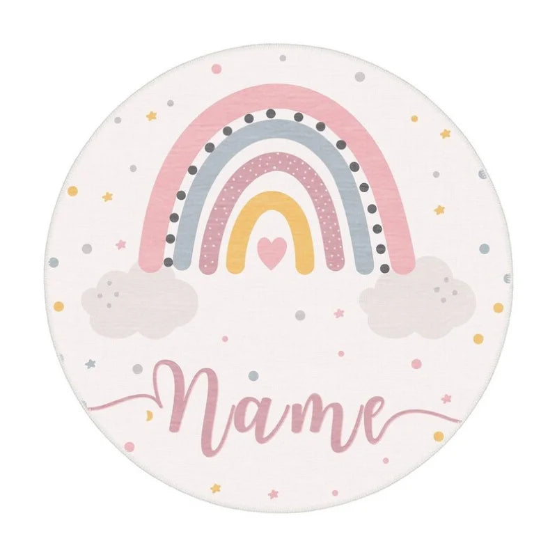 tapis rond personnalisable arc ciel nuages blanc rose gris jaune bleu moderne enfant multicolore