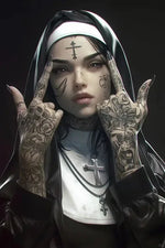 tableau toile tattoo nonne croix halo lumineux contemporain or noir rouge gris İslamistique erotique