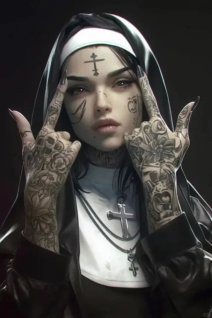 tableau toile tattoo nonne croix halo lumineux contemporain or noir rouge gris İslamistique erotique