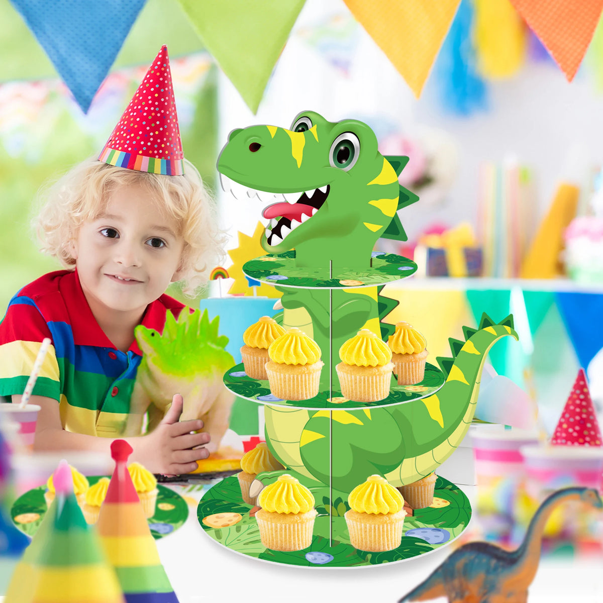 supports cupcakes dinosaures feuilles vert gris anniversaire jungle enfant thème jurassique festive occasionnels