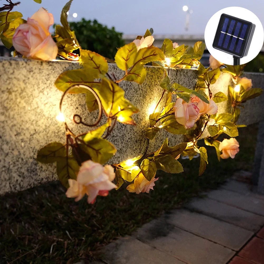 guirlande lumineuse fleurs artificielles rose feuilles vertes adhésif solaire led 5m 16.4ft 50leds