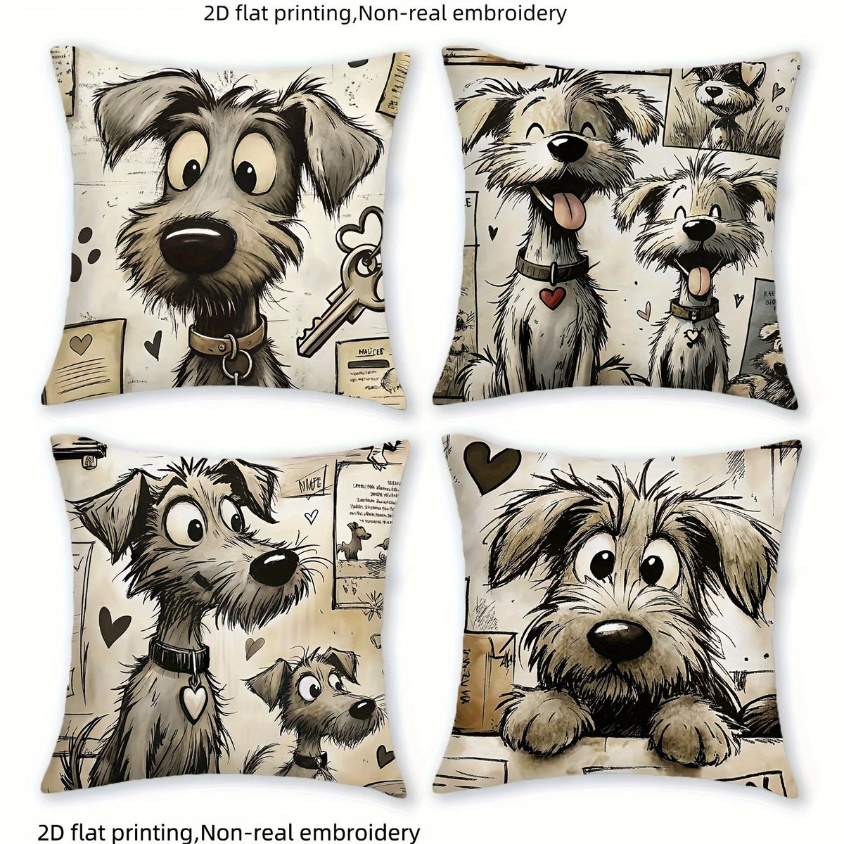 coussin chien mignon coeurs clés illustration cartoon blanc noir beige