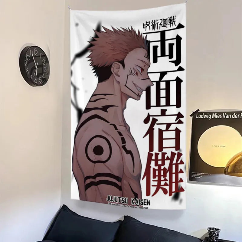 tapisserie murale anime gojo satoru décoration chambre salon tissu polyester blanc gris noir