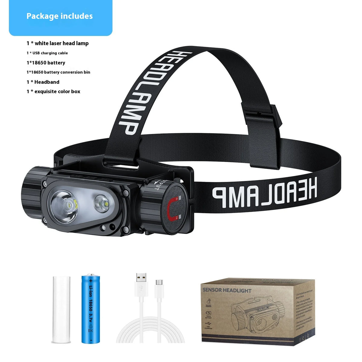 lampe frontale led rechargeable usb 18650 21700 batterie ion lithium blanc rouge camping pêche