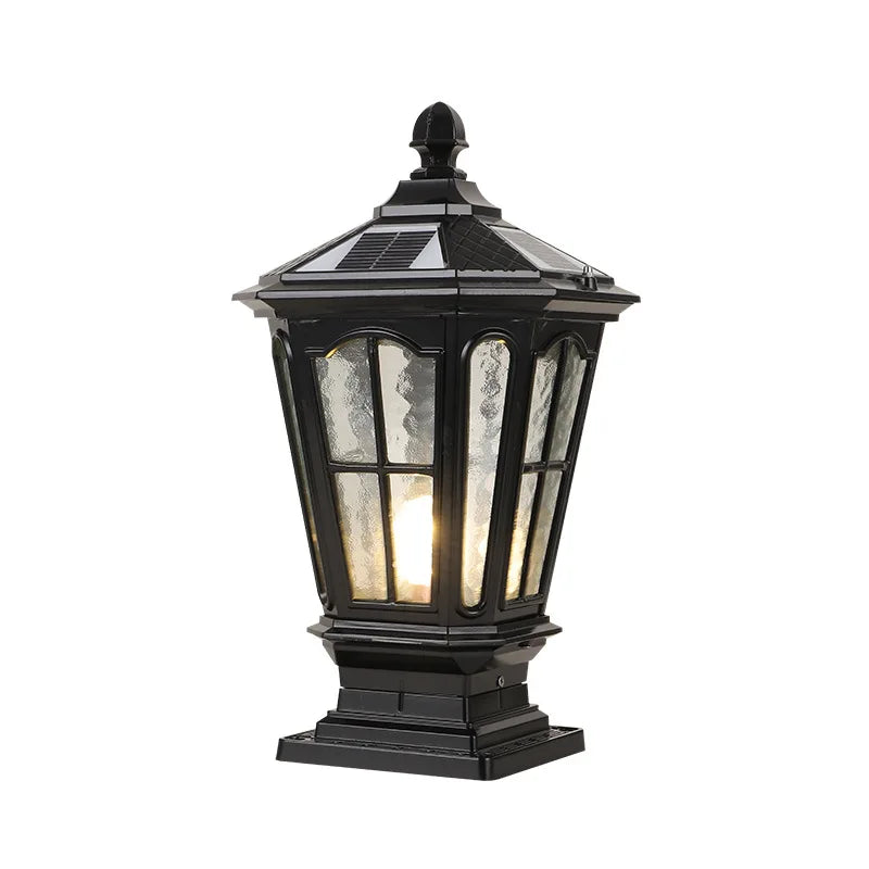 lampadaire solaire or noir classique verre transparent fenêtres rustique manoir panneau solaire led