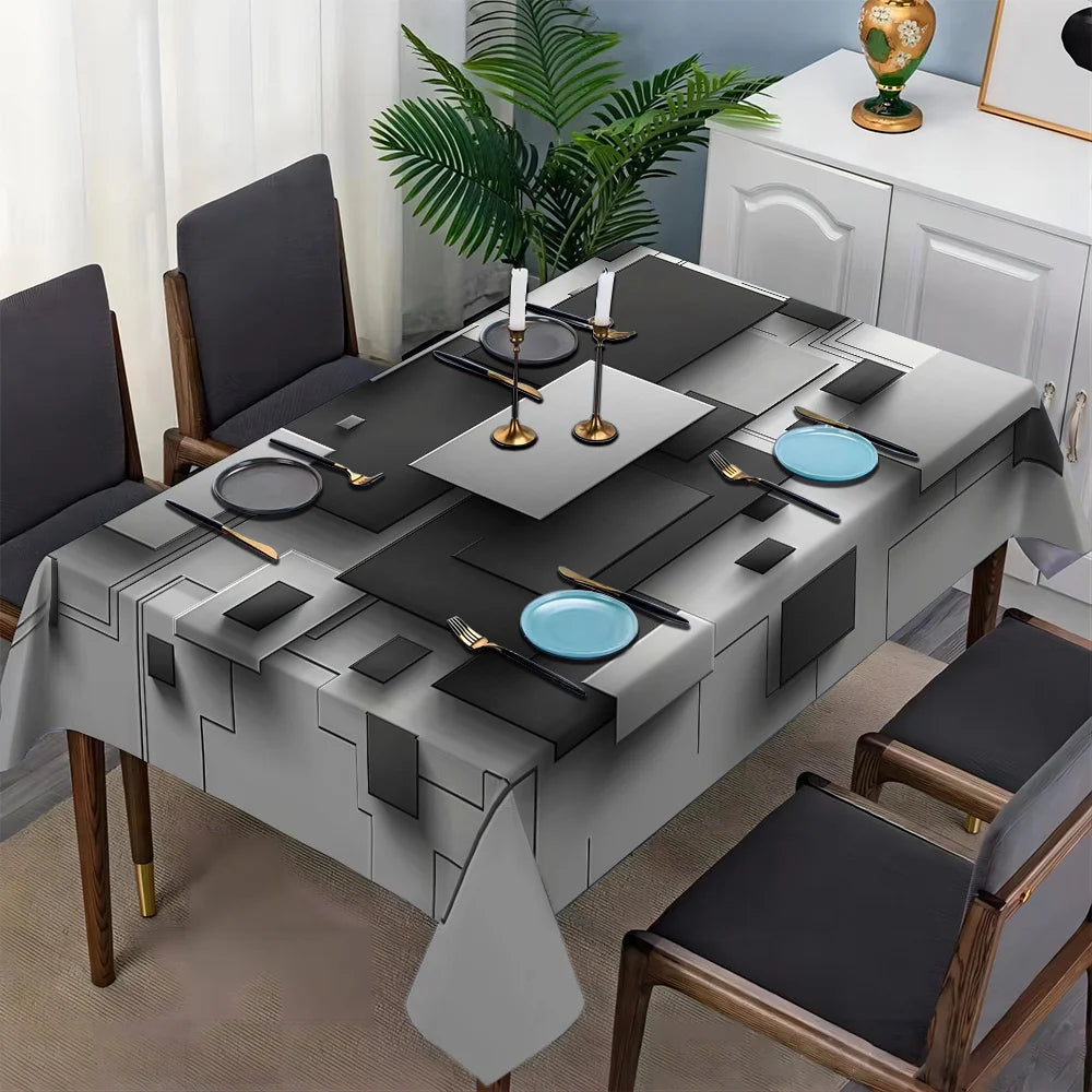 nappe imperméable rectangulaire moderne géométrique gris noire réutilisable polyester table fête salle manger