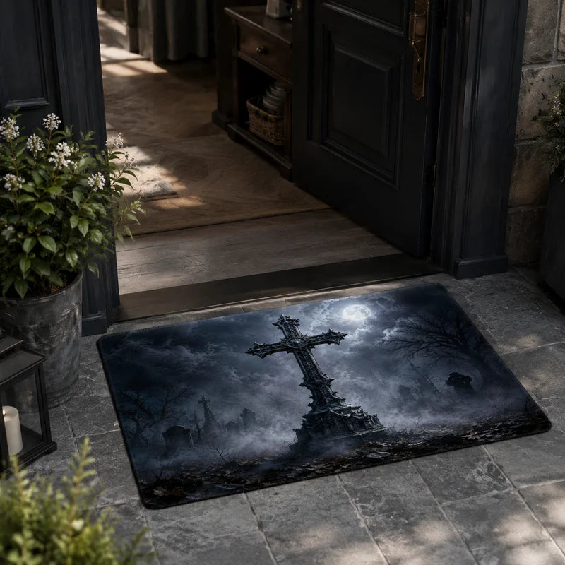 tapis d'entrée gothique croix corbeau noir violet rouge vert anti dérapant polyester résistant