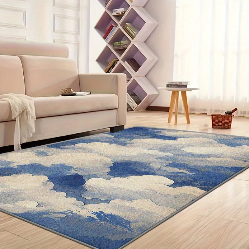 tapis moderne rectangle polyester antidérapant nuages bleu marine blanc salon chambre decoration interieur