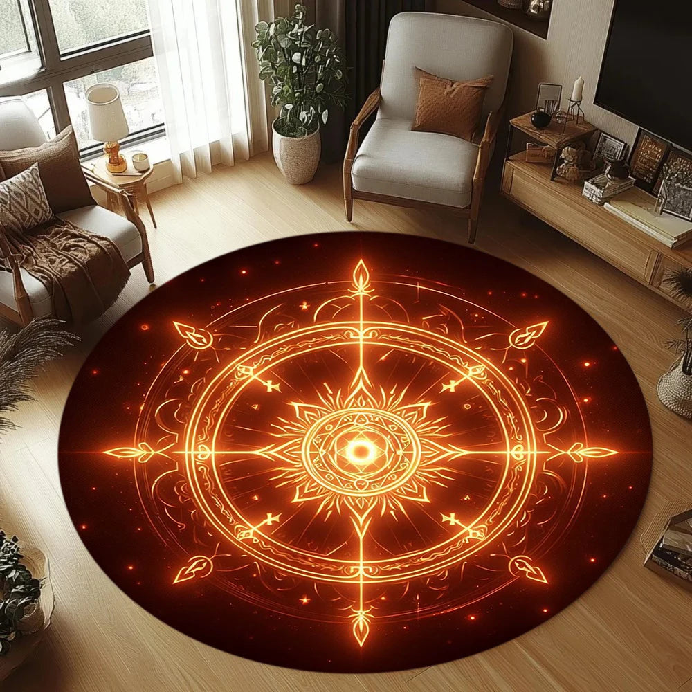 tapis rond moderne étoile symboles astrologiques géométriques bleu doré violet orange noir