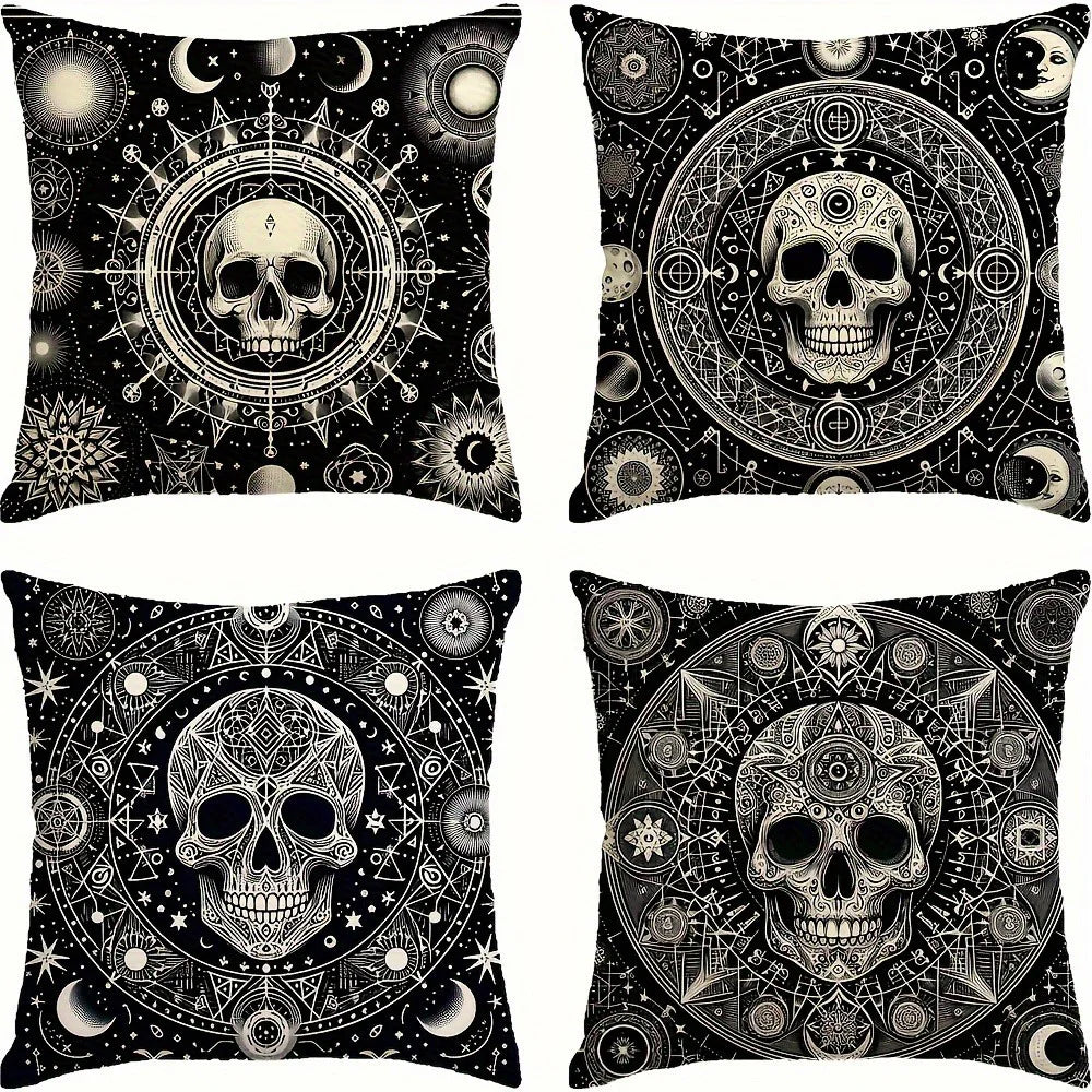 taies d'oreiller gothiques crânes étoiles noires blanches maison lit 45x45cm polyester peachskin