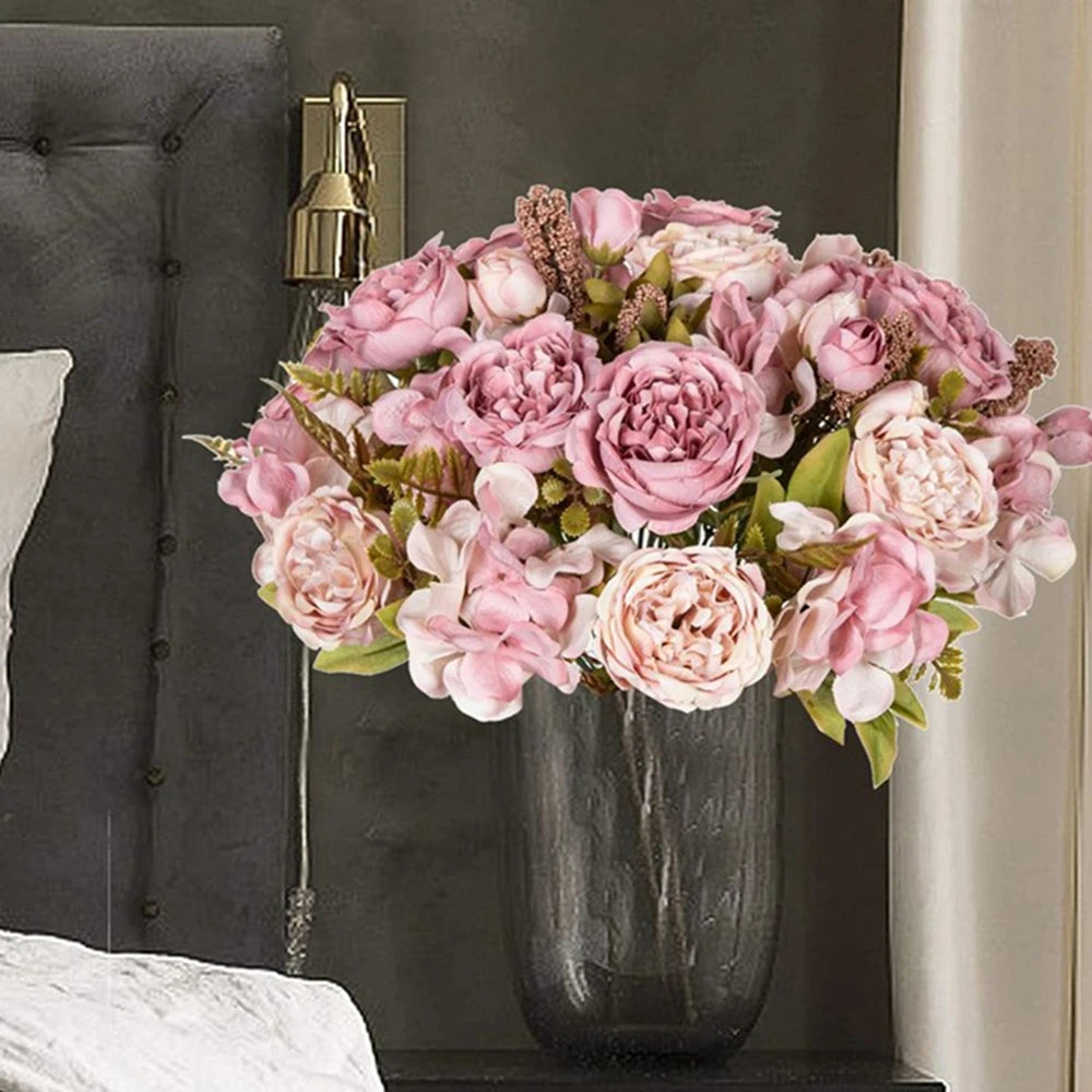 décoration intérieure bouquet fleurs artificielles soie rouge rose blanc modernes élégantes mariage anniversaire chambre