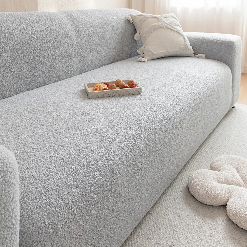 Housse canapé bouclée blanc cassé moderne anti poussière ruban adhésif lavable machine 90 300cm