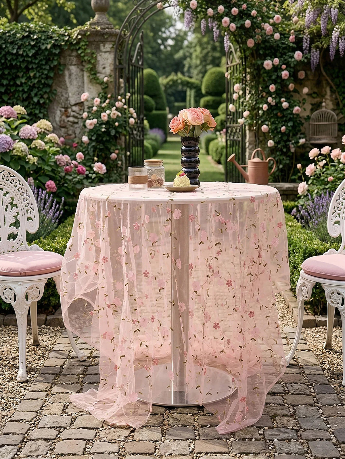 nappe table moderne rose fleurs jacquard translucide décoration romantique maison cuisine lavable machine