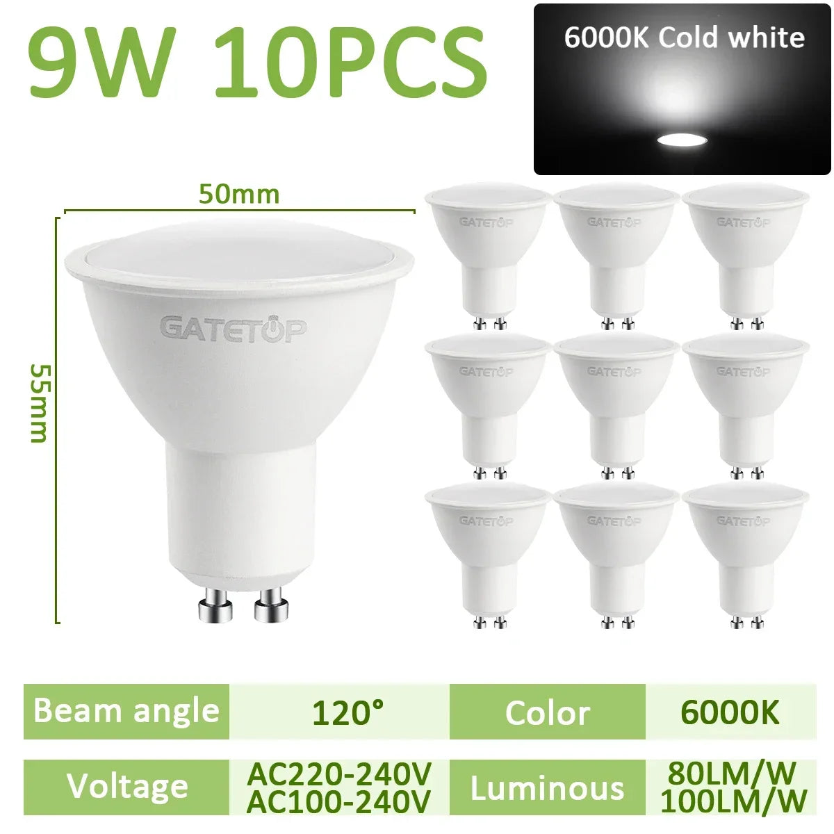 projecteur led gu10 9w blanc moderne 120 degrés 3000k 4000k 6000k transparent salon