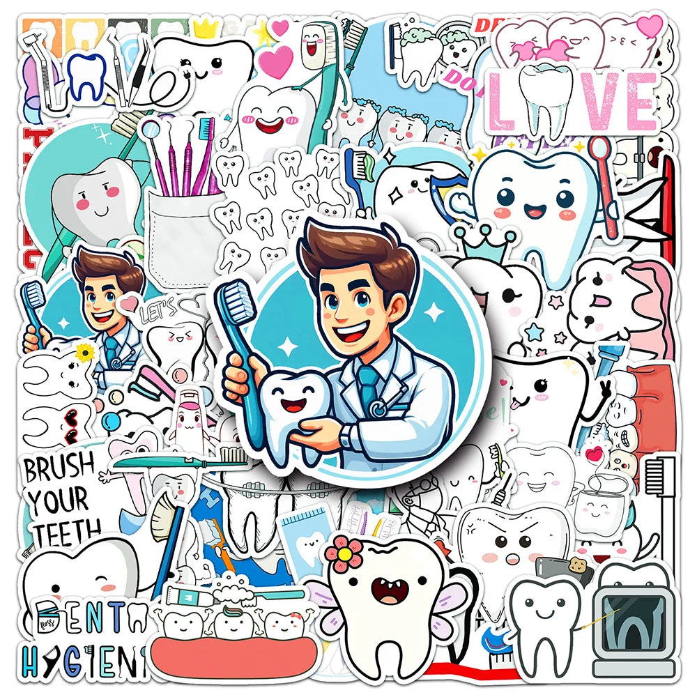 stickers dentaires mignon brosse dents dentifrice dessin animé bleu blanc rose vert noir gris
