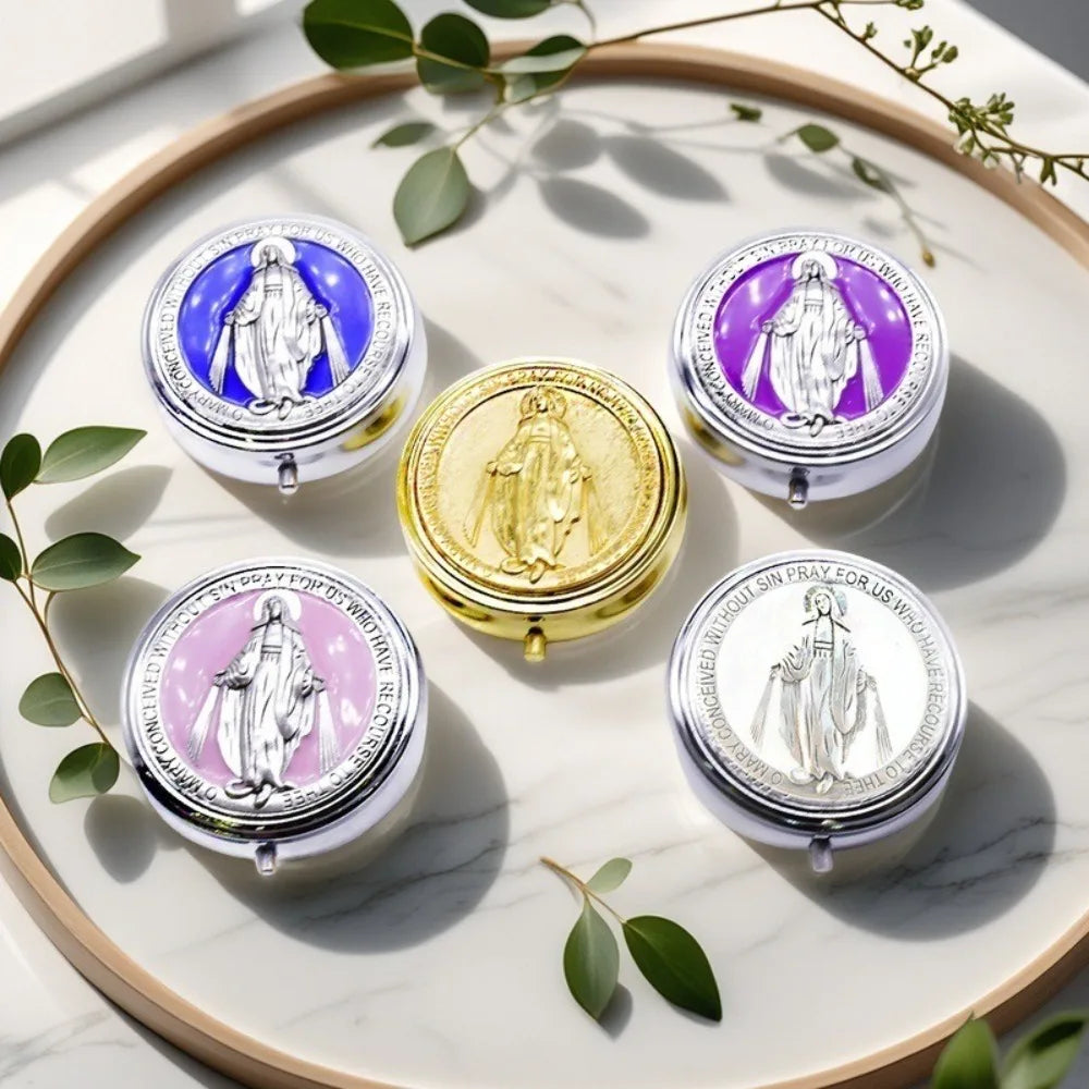 miroir compact argenté bleu doré violet rose religieux classique vierge marie texte
