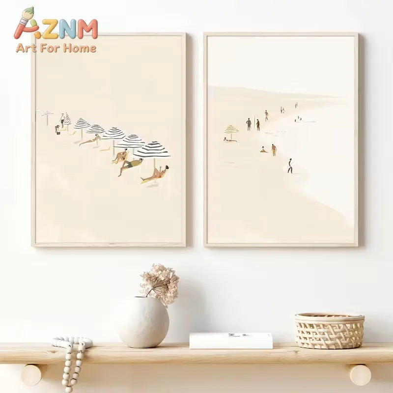 affiches toile plage minimaliste personnages parasols aquarelle deco moderne sans cadre orange rouge