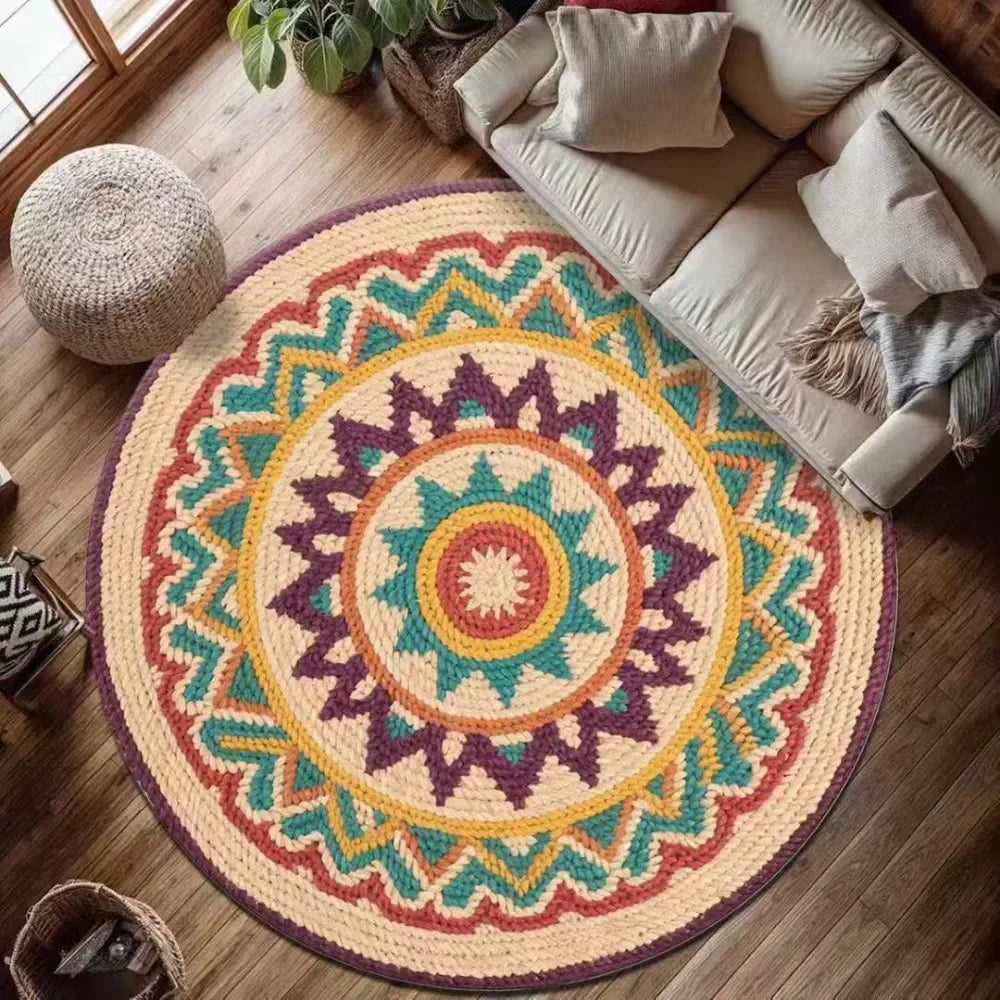 tapis rond mandala bohème ethnique multicolore géométrique décoratif salon chambre maison intérieur moderne
