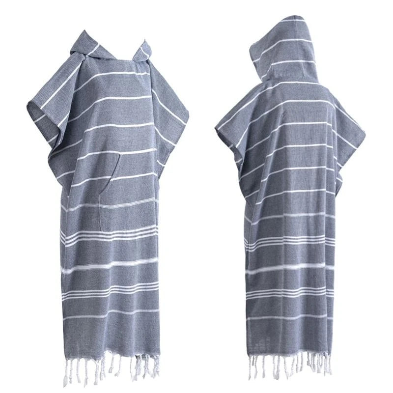 Poncho rayé bleu clair rose pâle gris poncho plage coton polyester poche franges