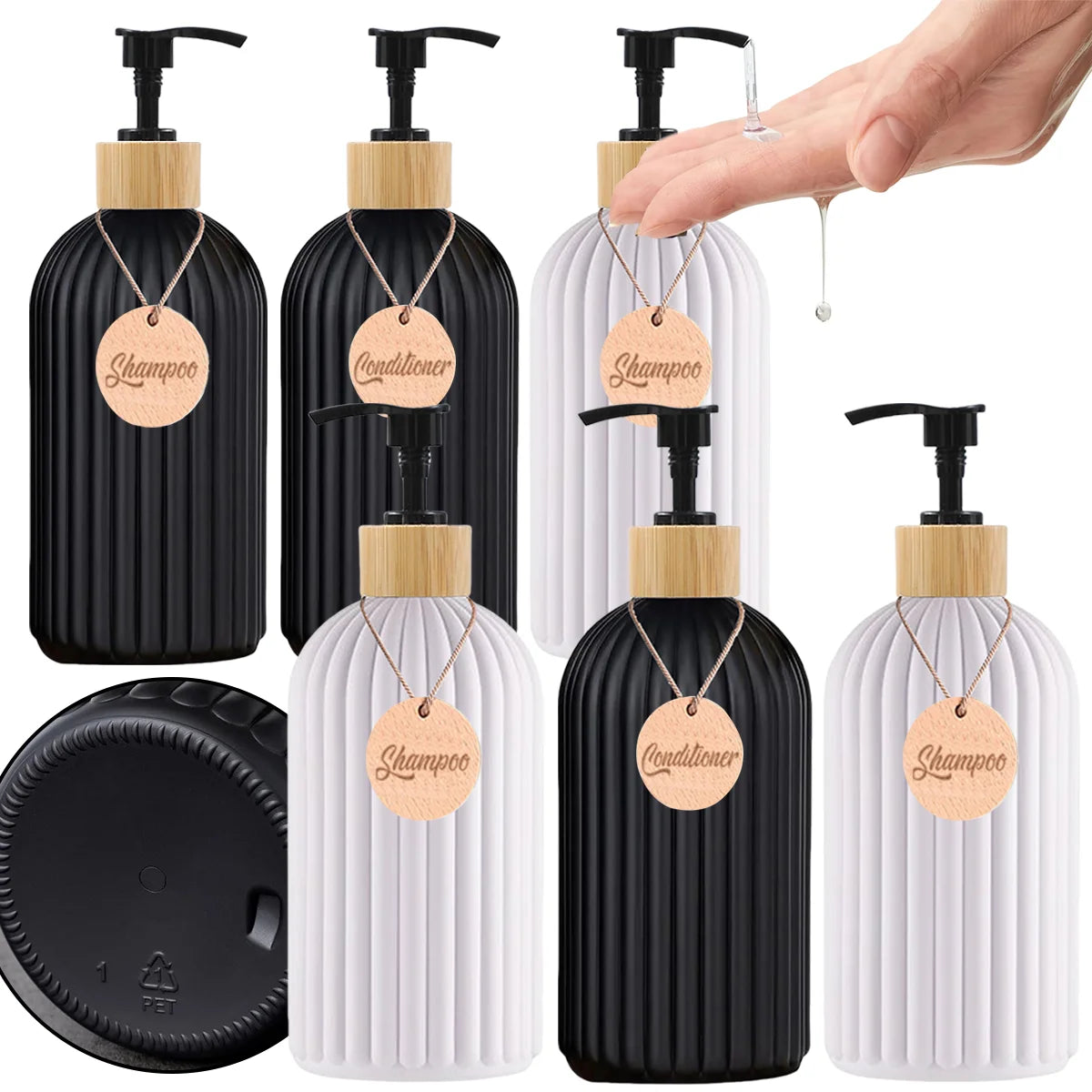 distributeur savon liquide noir blanc rayures moderne pompe pression étiquette bois savon shampoo conditioner