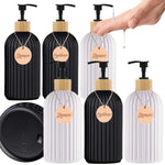distributeur savon liquide noir blanc rayures moderne pompe pression étiquette bois savon shampoo conditioner
