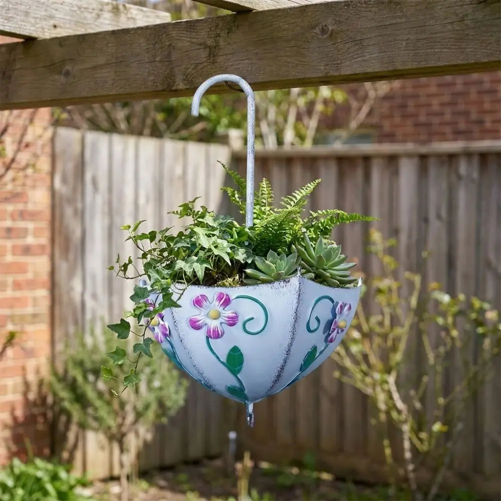 pot fleurs suspendu parapluie blanc rustique décoration murale fleuriste original grands