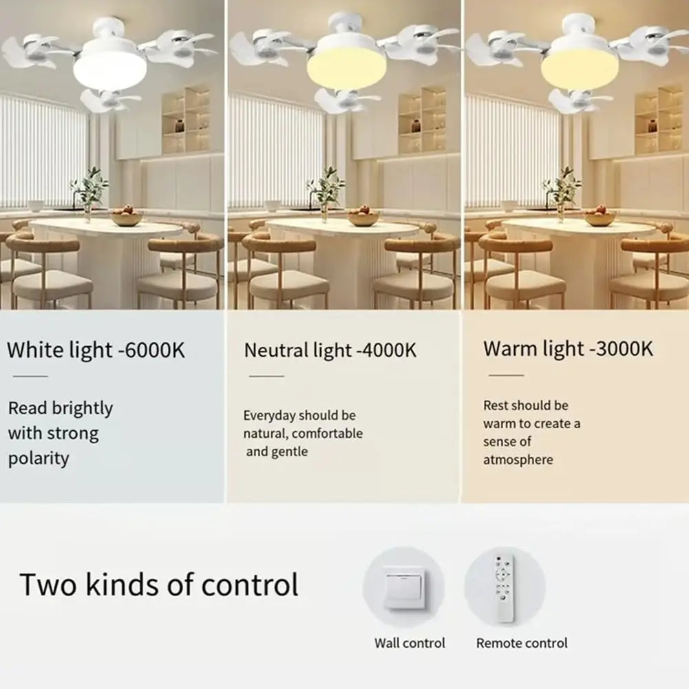 ventilateur lumière intégrée moderne blanc contemporain télécommande interrupteur muralModes lumière blanc neutre chaud