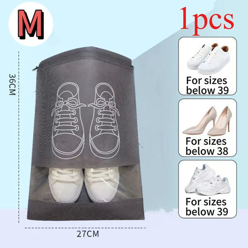 sac rangement chaussures gris non tissé fenêtre transparente cordon serrage
