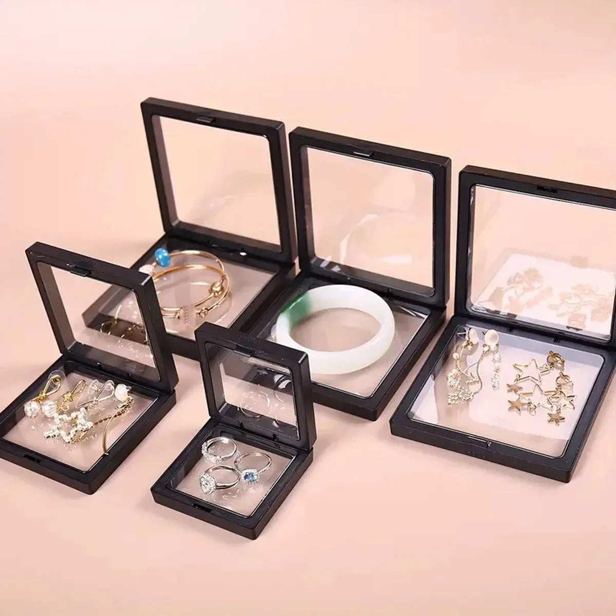 boîtes présentation bijoux transparentes modernes noir 11x11cm 14x14cm 7x7cm 9x9cm 10pcs