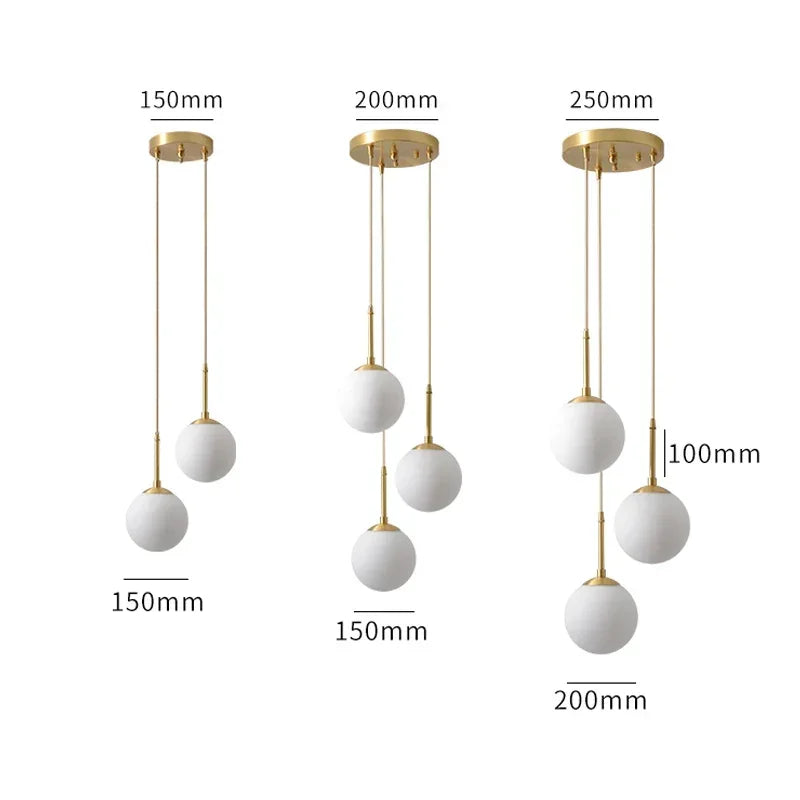 Suspension lumineuse moderne or blanc sphères translucides 15cm diamètre 100mm chaines