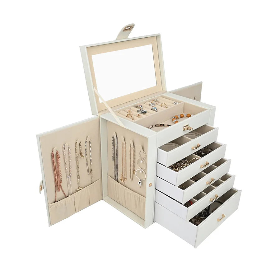 boîte bijoux simili cuir moderne noir rose blanc poignées métalliques rangements multiples velours intérieur