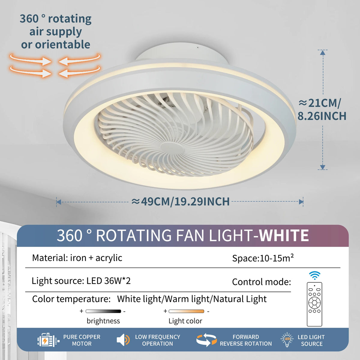 ventilateur oscillant blanc jaune moderne télécommande grille ventilation 49cm diamètre