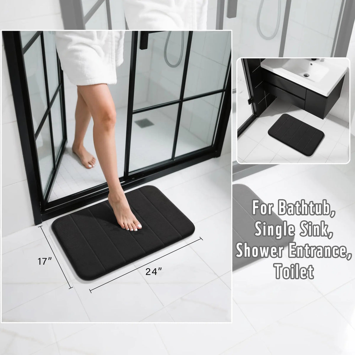 tapis bain mousse rayures beige noir doux moderne salle bain
