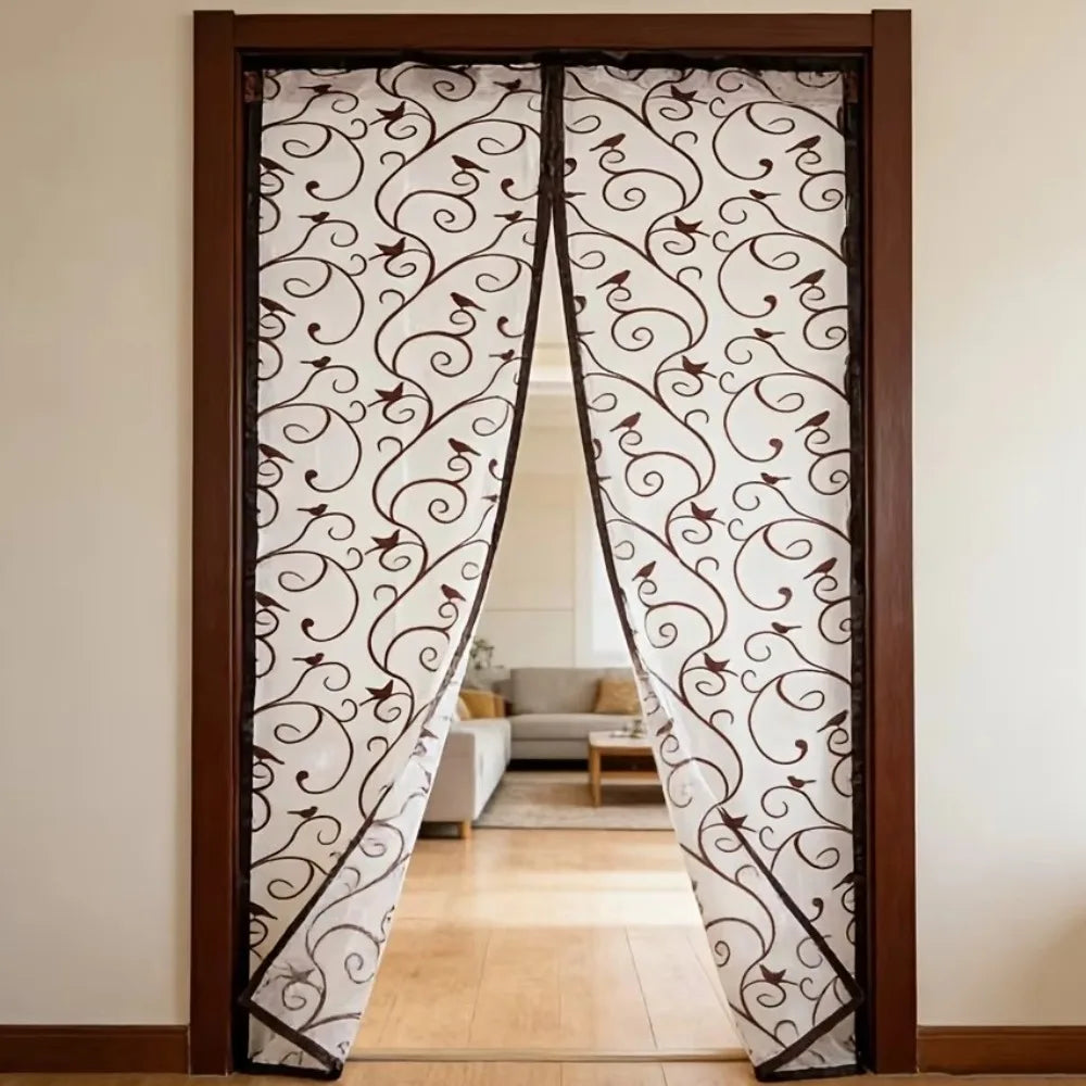 rideau porte moustiquaire adhésive motif floral oiseaux semi transparent blanc marron décoration fer forgé