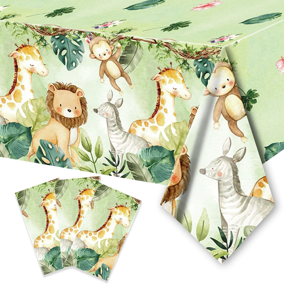 nappe anniversaire animaux jungle girafe lion zèbre singe vert clair feuilles tropicales enfantines festive