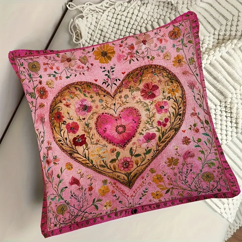 housse coussin motif floral coeurs rose vintage chambre decoration polyester