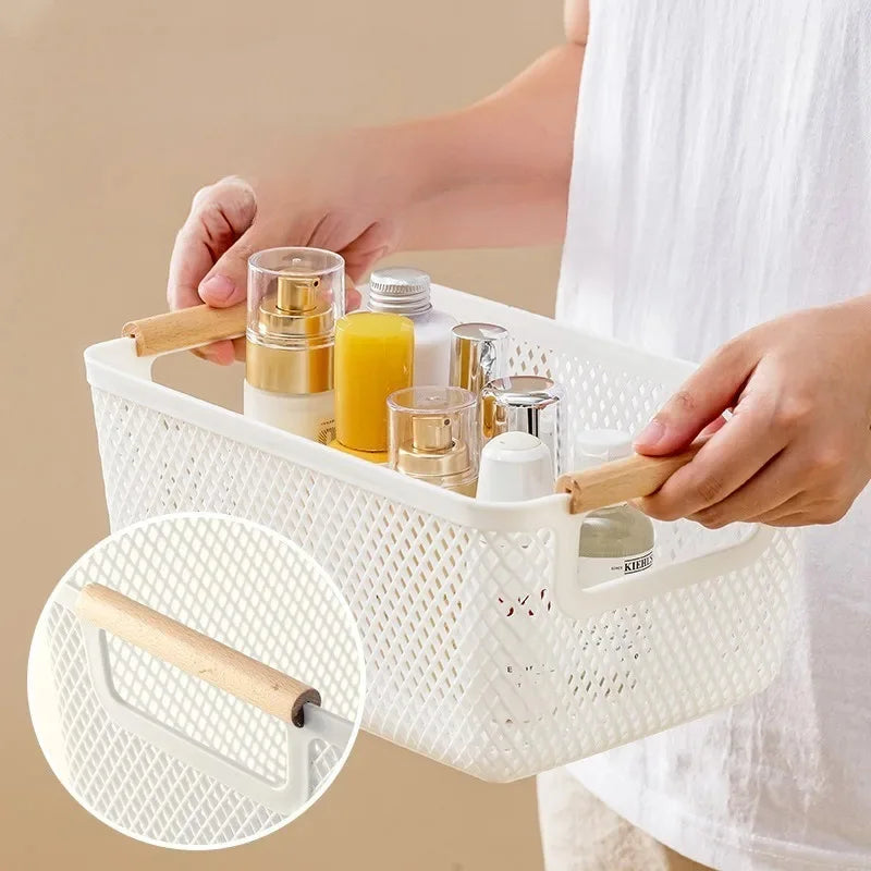 panier rangement maille fine plastique respectueux l'environnement blanc moderne poignées bois taille