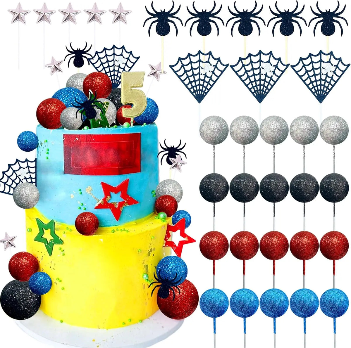 décoration gâteau araignées étoiles toiles brillantes couleurs étoiles chiffres super héros anniversaire enfants festive