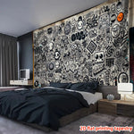 tapisserie imprimée moderne graphique noir blanc salon chambre décoration clips fixations abstraite symboles diverse