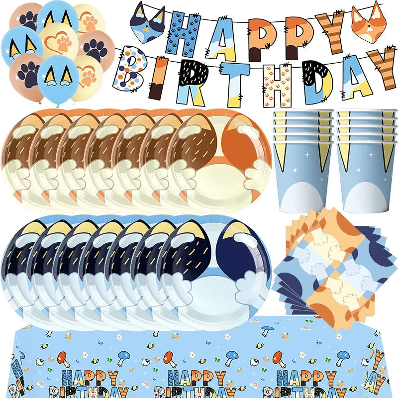 kit decoration anniversaire chien bleu assiettes gobelets serviettes guirlande support cupcake decor animaux
