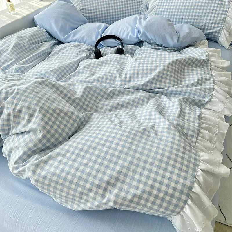 ensemble literie rose clair carreaux fronces blanches romantique doux tissu microfibre opacité