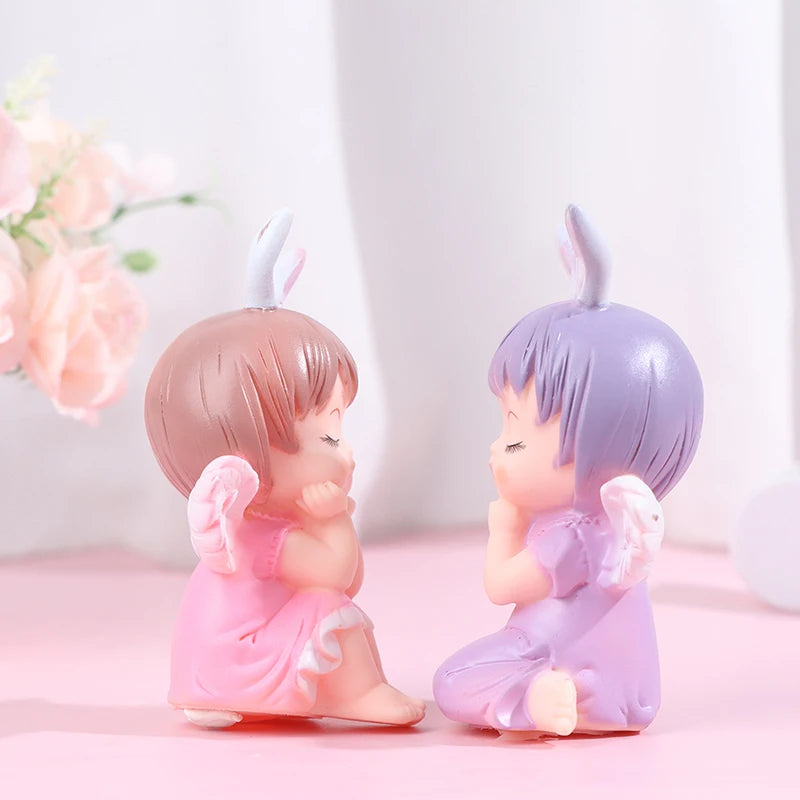 figurine ange oreilles lapin kawaii rose violet marron clair effet céramique fleurs nuage decoration