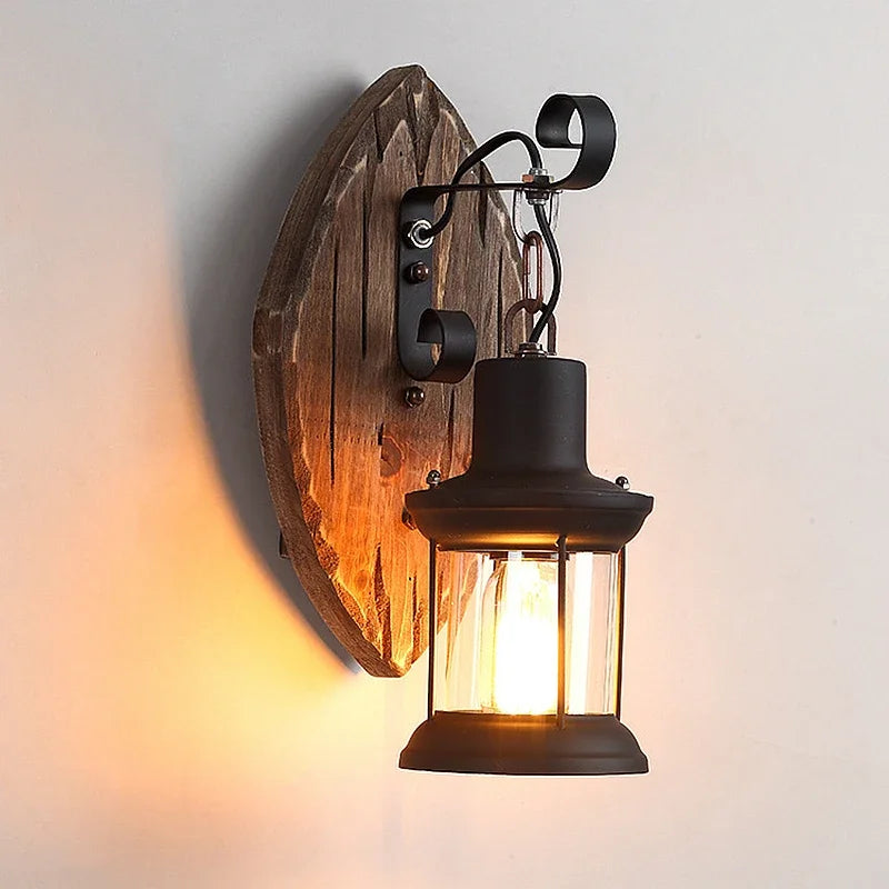 Lampe murale industrielle vintage verre opalin métal noir ampoule bois naturel cuisine salle manger