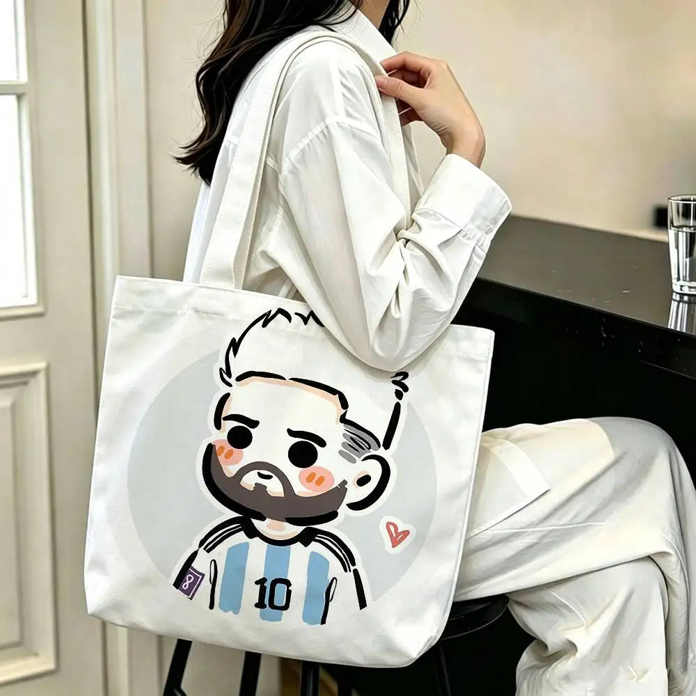 sac main blanc bleu clair rayures messi 10 polyestère réutilisable moderne graphique poignées détachables