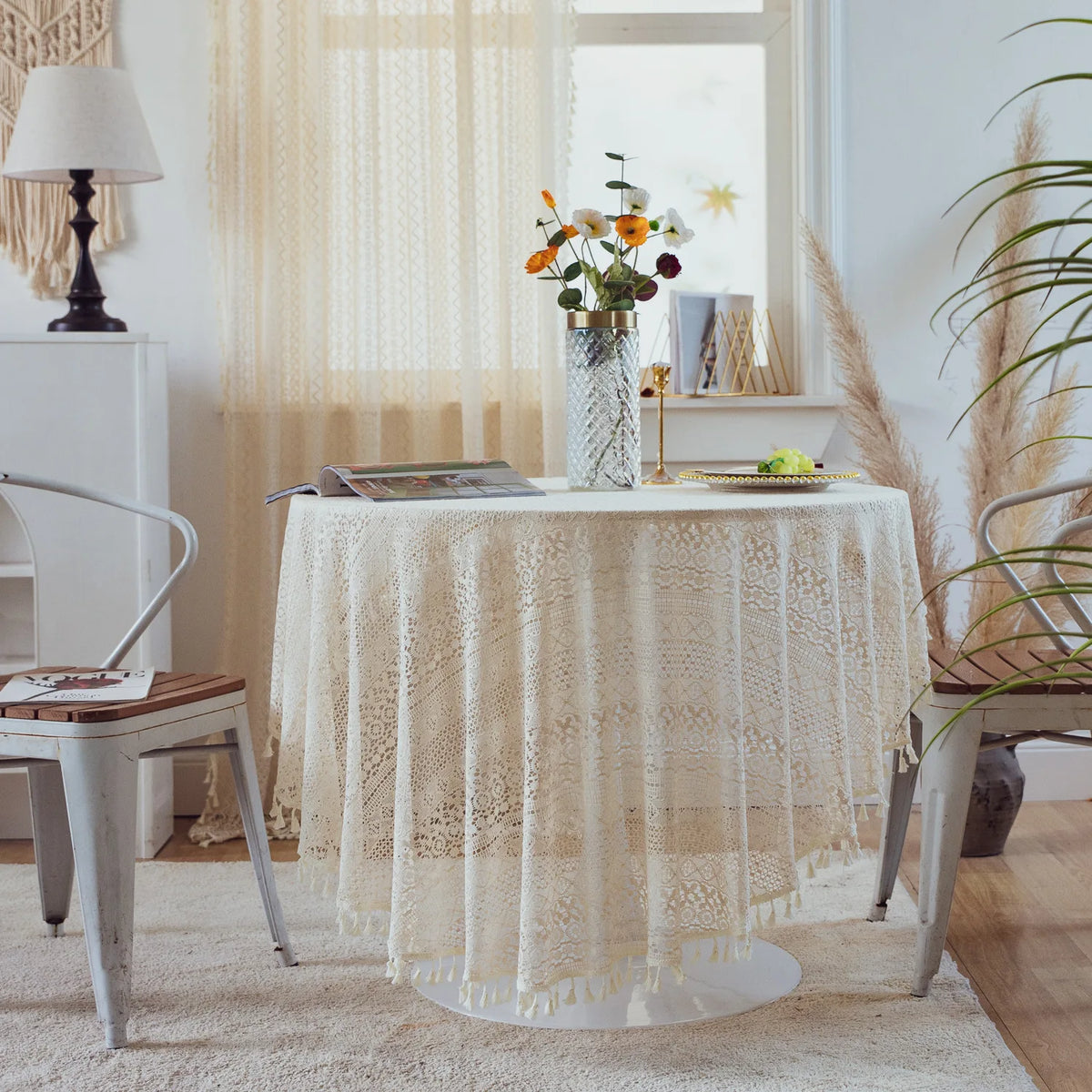 nappe table crochet pompons dentelle beige motifs floraux boho chic réutilisable coton table restaurantextérieur