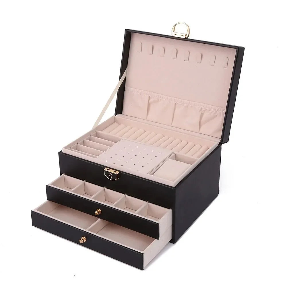boîte bijoux simili cuir verte moderne poignées dorées tissu beige intérieur 23x17x13.5cm