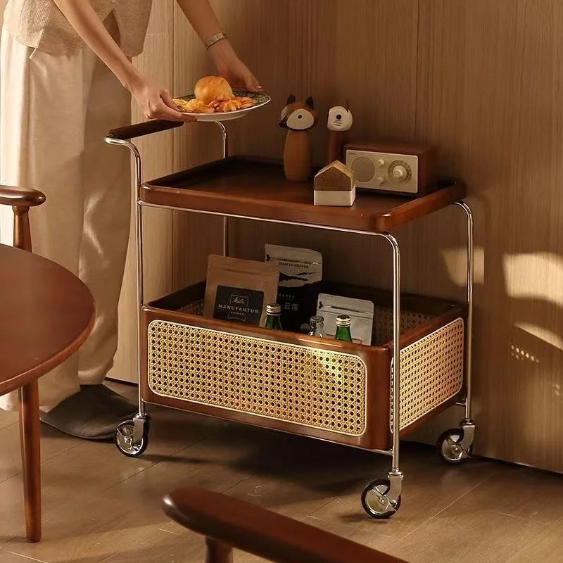 chariot roulettes marron clair chariot roulettes beige tissu cannage métal chromé moderne vintage roues