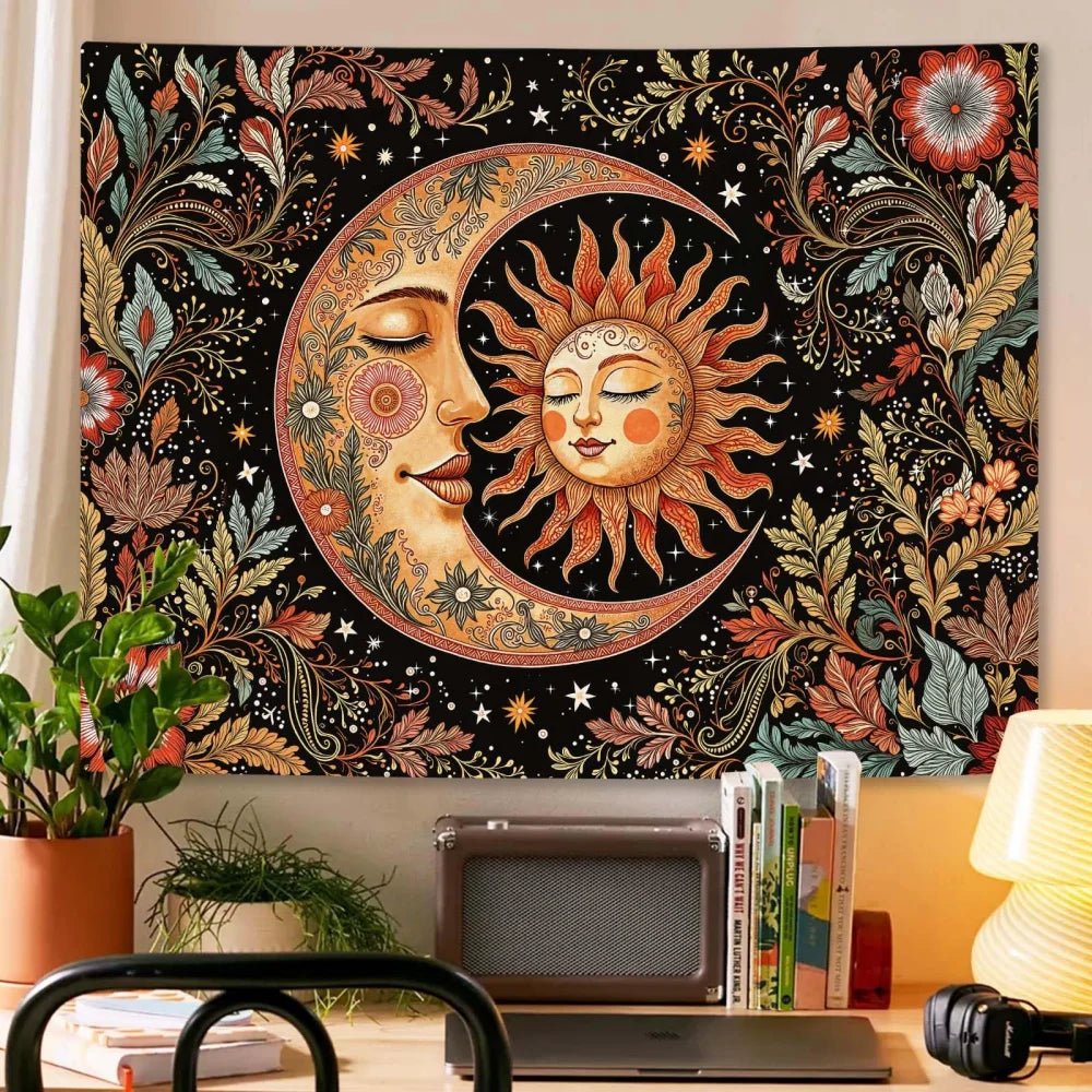tapisserie boho floral soleil lune étoiles noir rouge vert chambre salon decoration